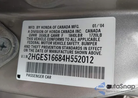 2004 Honda Civic Lx from USA, damaged, VIN 2HGES16684H552012